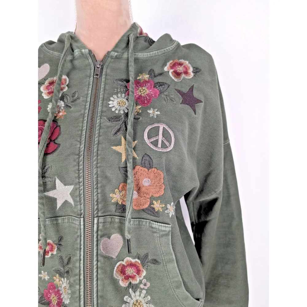 Billy T Camp Happy Green Floral Embroidered Hoodie Camp Green Sz M Hippie - Picture 3 of 12